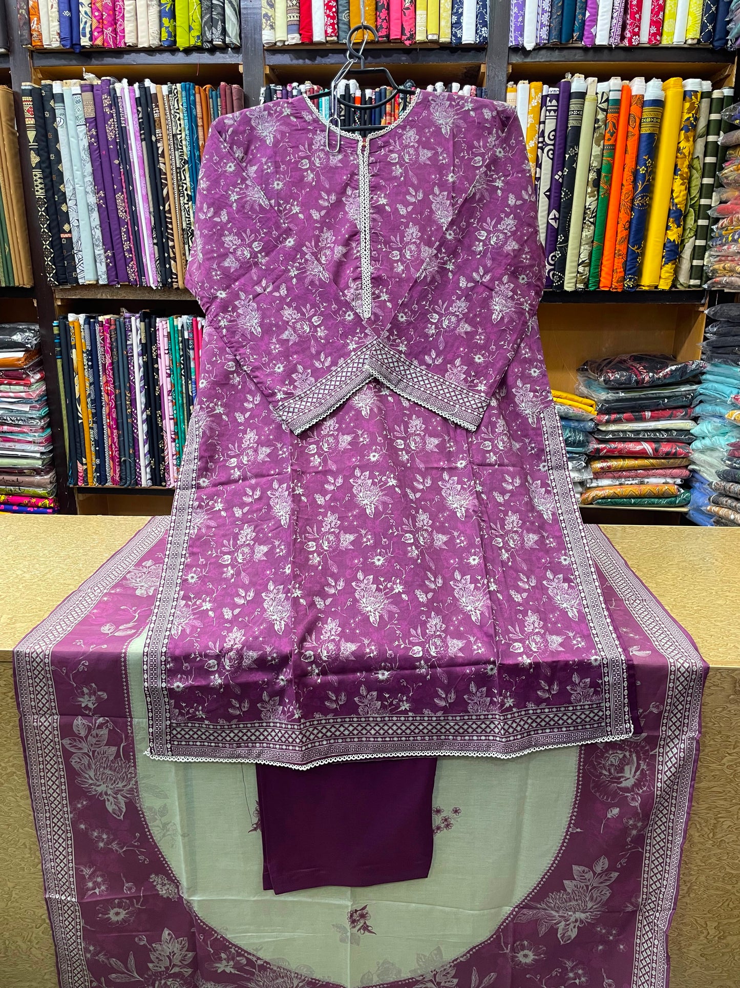 Deep Purple Floral Printed 3-Piece Lawn Suit with Mint Green Dupatta