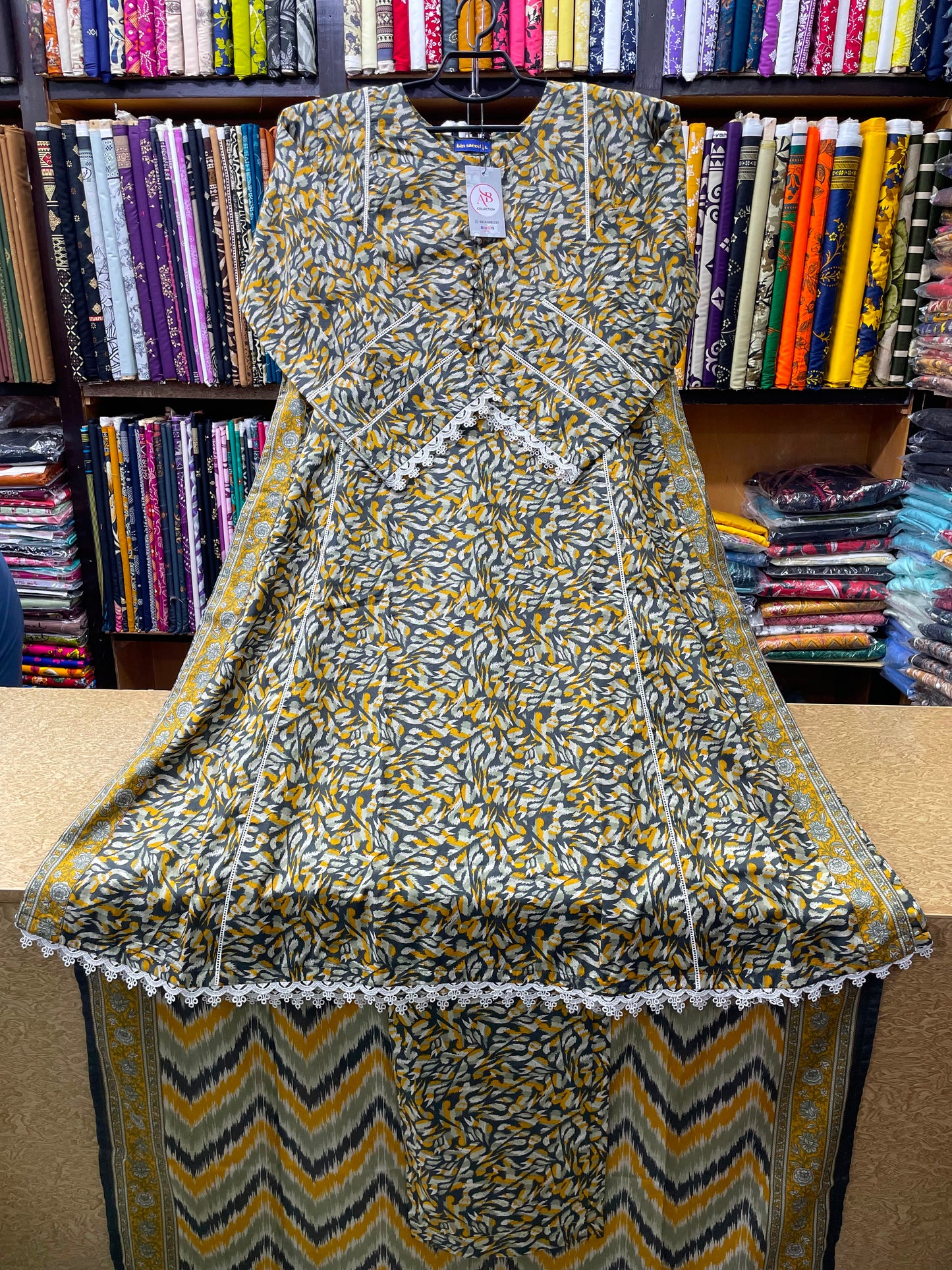 Charcoal Black Floral Printed Lawn A-Line Long Shirt