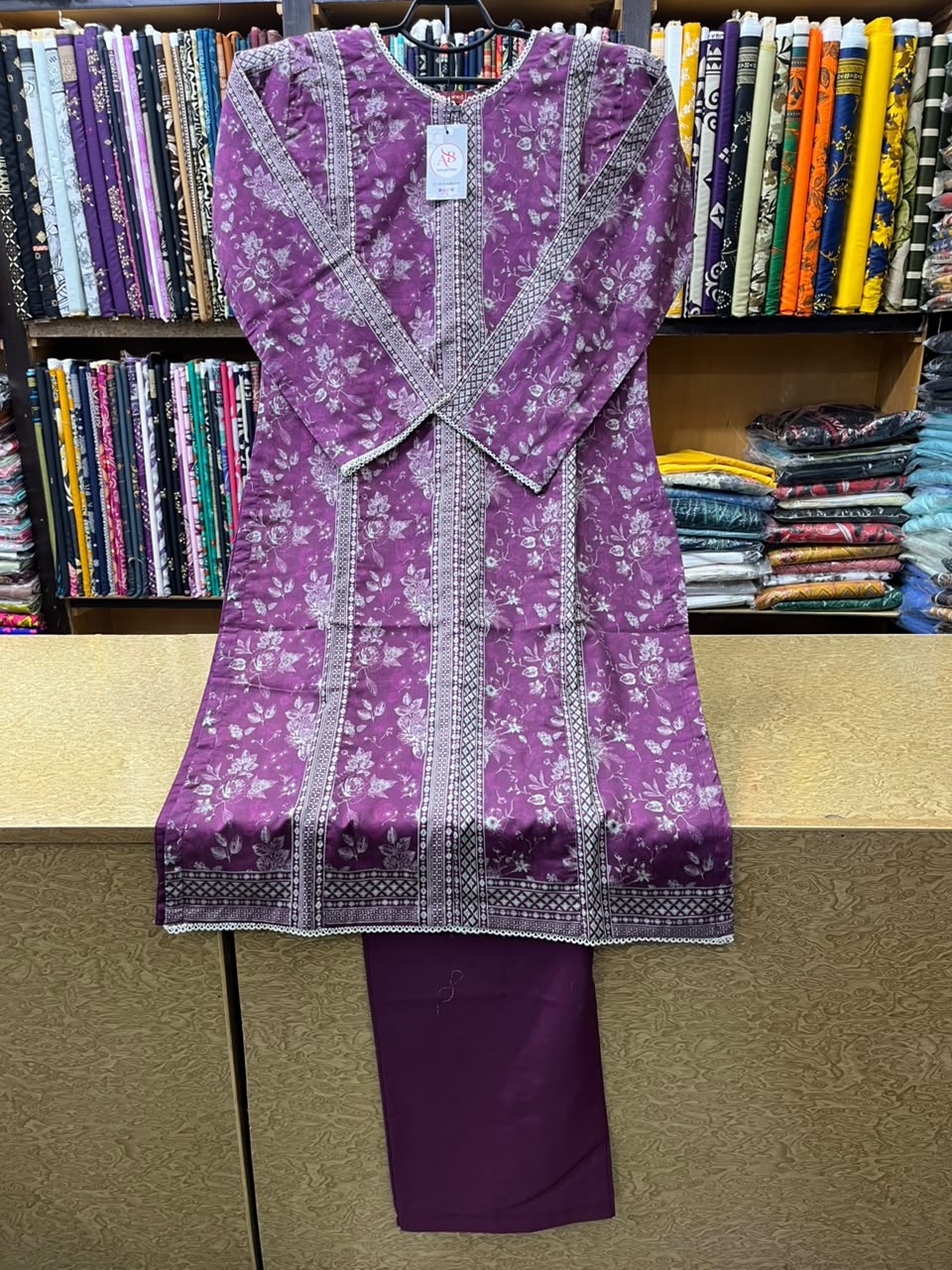 Deep Purple Floral Printed 2-Piece Suit with Plain Trousers