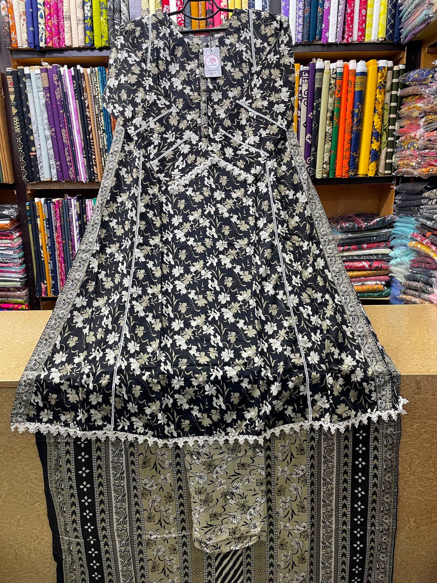 Elegant Long Length Floral Lawn A-Line Frock with Matching Dupatta & Trousers