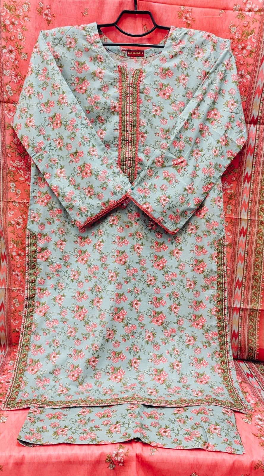 Pastel Ice Blue & Coral Pink Floral Printed Lawn 3-Piece Suit