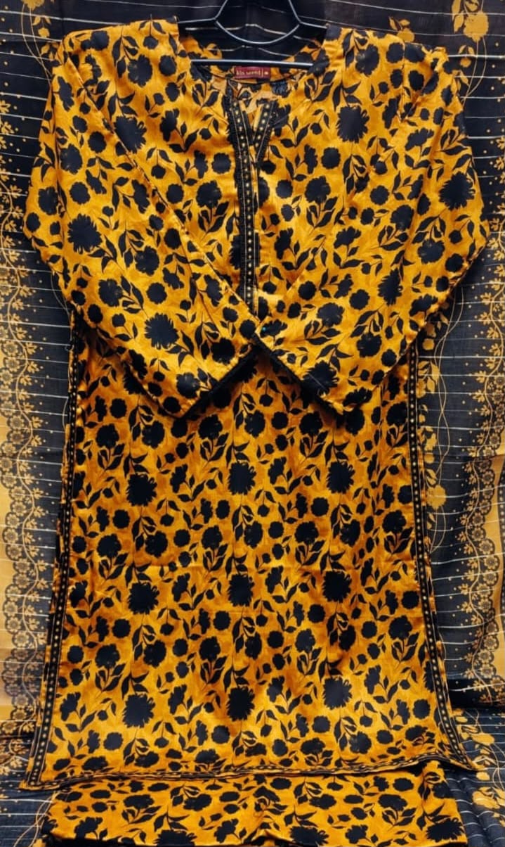 Mustard Yellow & Black Floral Silhouette Printed Lawn 3-Piece Suit