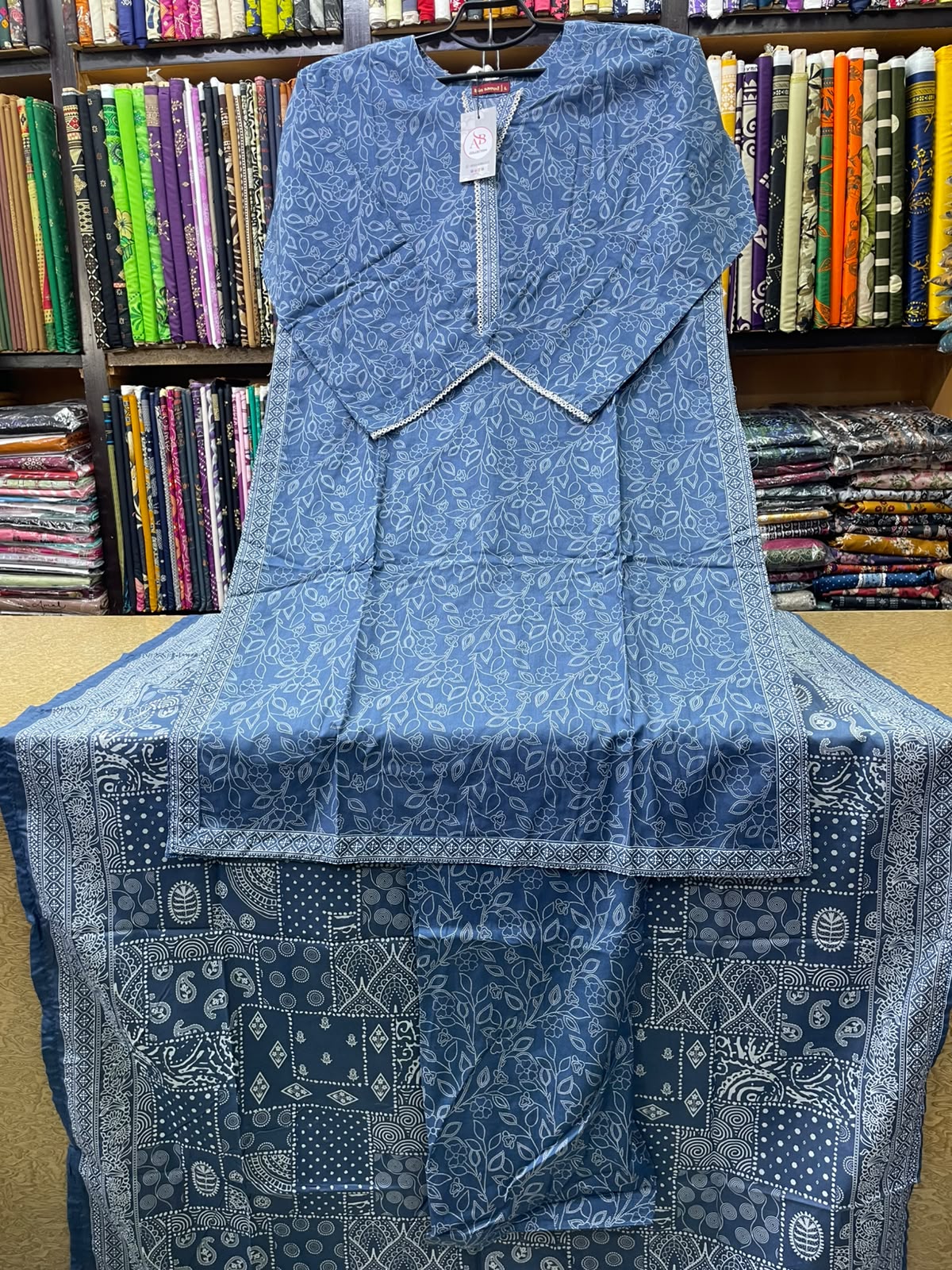 Slate Blue Floral Printed Lawn 3-Piece Suit