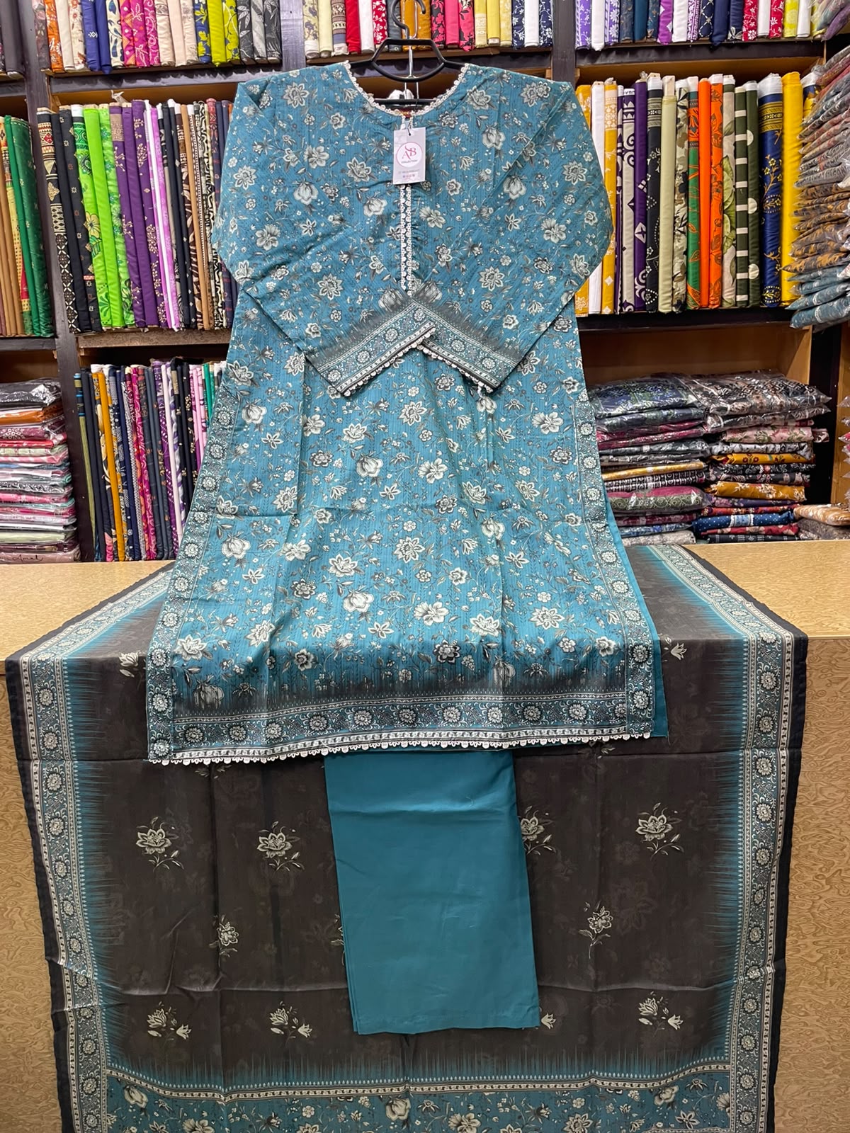 Teal Blue Floral Printed Lawn 3-Piece Suit