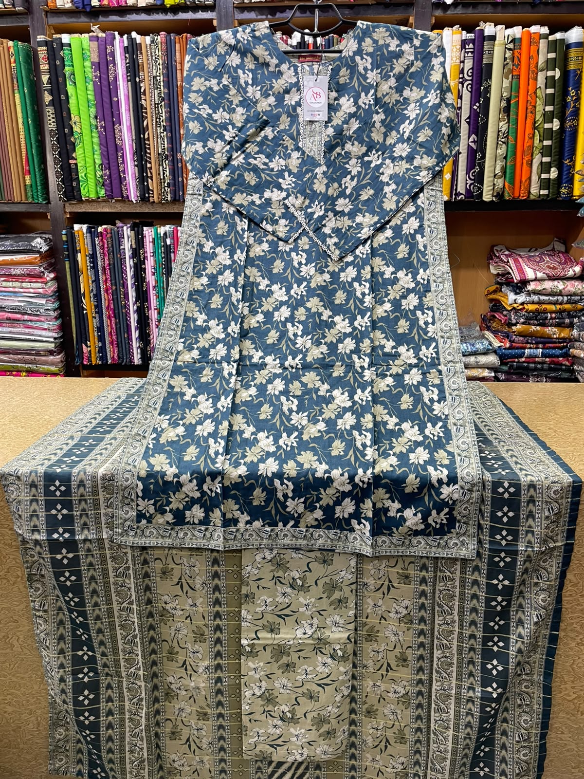 Muted Teal Blue Floral Printed Lawn 3-Piece Suit