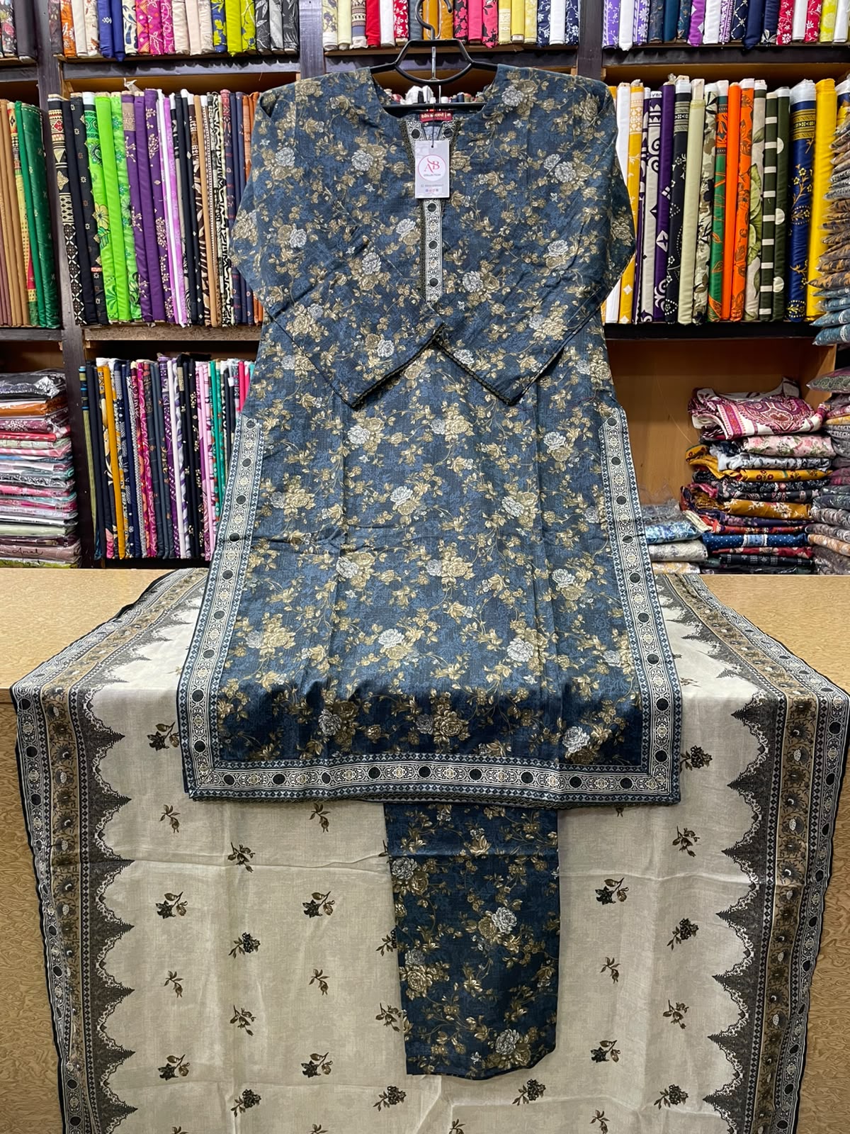 Slate Blue Floral Printed Lawn 3-Piece Suit