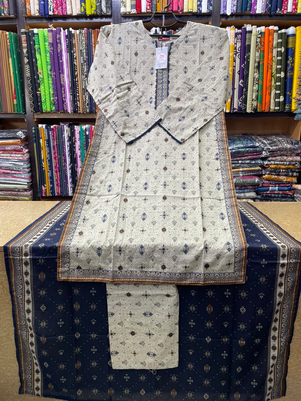 Beige & Navy Blue Geometric Printed Lawn 3-Piece Suit  Soft Printed Lawn Dupatta