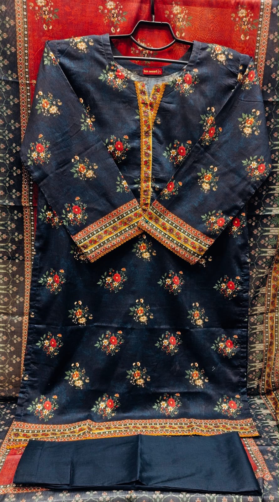 Navy Blue Floral Printed Lawn 3-Piece Suit Rust Red Contrast Printed Lawn Dupatta