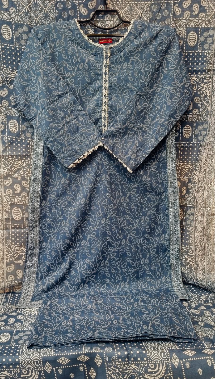 Slate Blue Floral Printed Lawn 3-Piece Suit Ajrak & Block-Print Style Lawn Dupatta