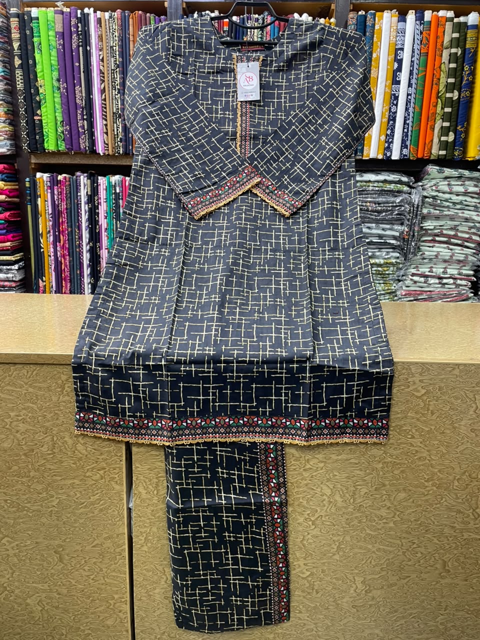 Charcoal Black Geometric Printed Lawn 2-Piece Suit