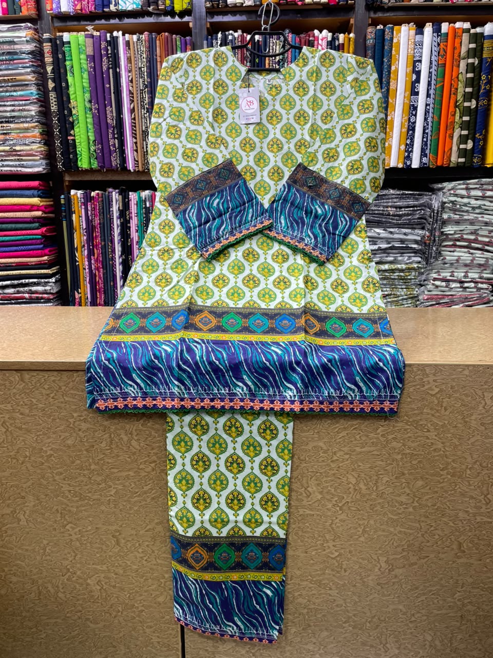 2 PC Lime Green & Teal Ikat Printed Lawn Co-Ord Set with Delicate Lace Trim
