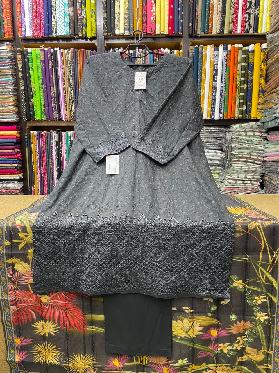 Charcoal Grey Chicken Kari Lawn 3-Piece Suit Floral Digital Printed Dupatta