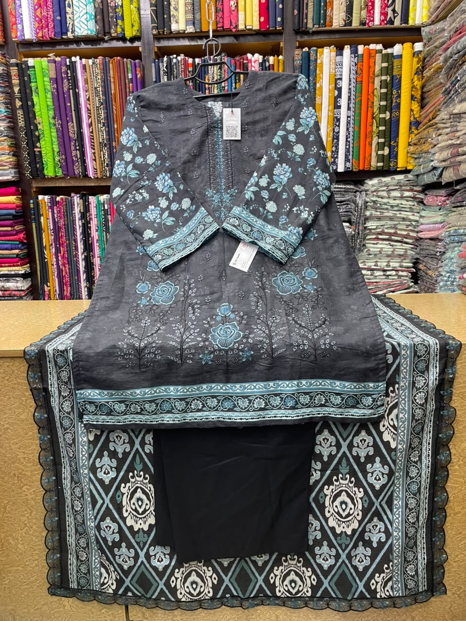 3 PC Charcoal Grey Embroidered Lawn Suit with Sky Blue Embroidery & Printed Dupatta
