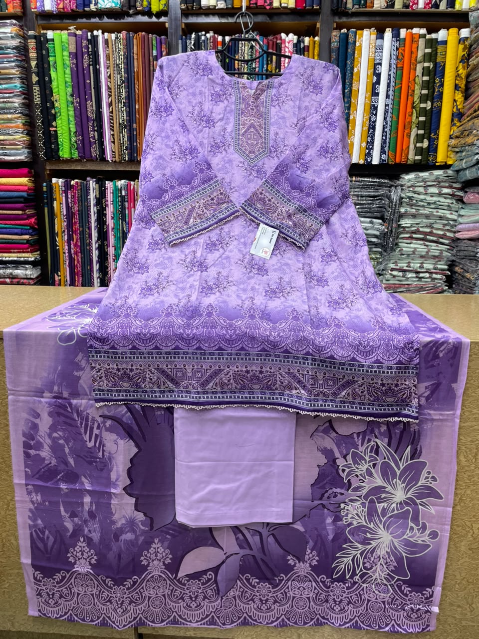 3 PC Soft Lilac Floral Printed Lawn Suit with Delicate Lace Trim & Printed Lawn Dupatta