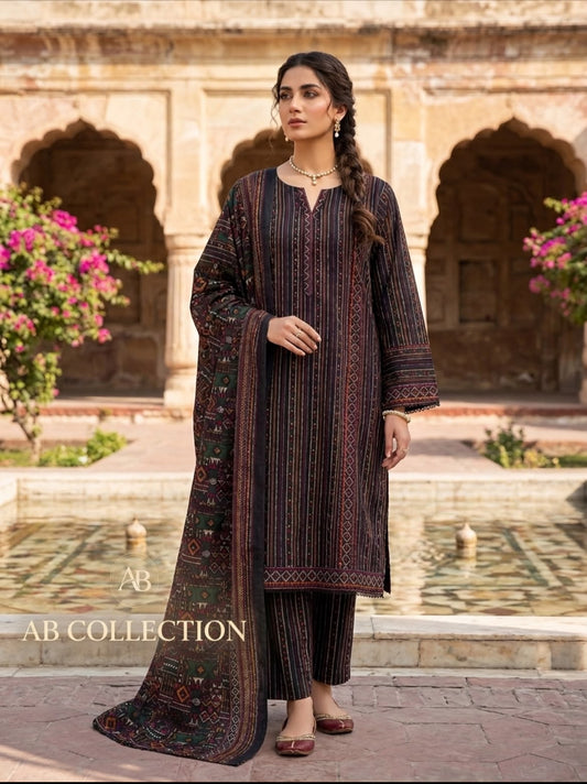Printed Khaddar Long Shirt with Flapper Trousers and Khaddar Shawl 3-Piece Winter Suit