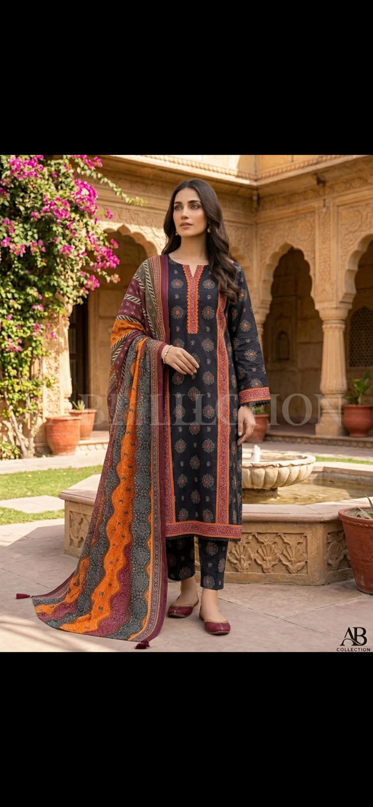 Printed Khaddar Long Shirt with Straight Trousers and Khaddar Shawl 3-Piece Winter Suit
