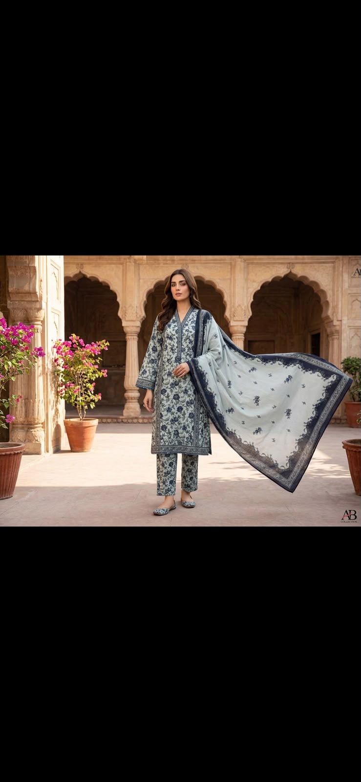 Printed Khaddar Long Shirt with Straight Trousers and Khaddar Shawl 3-Piece Winter Suit
