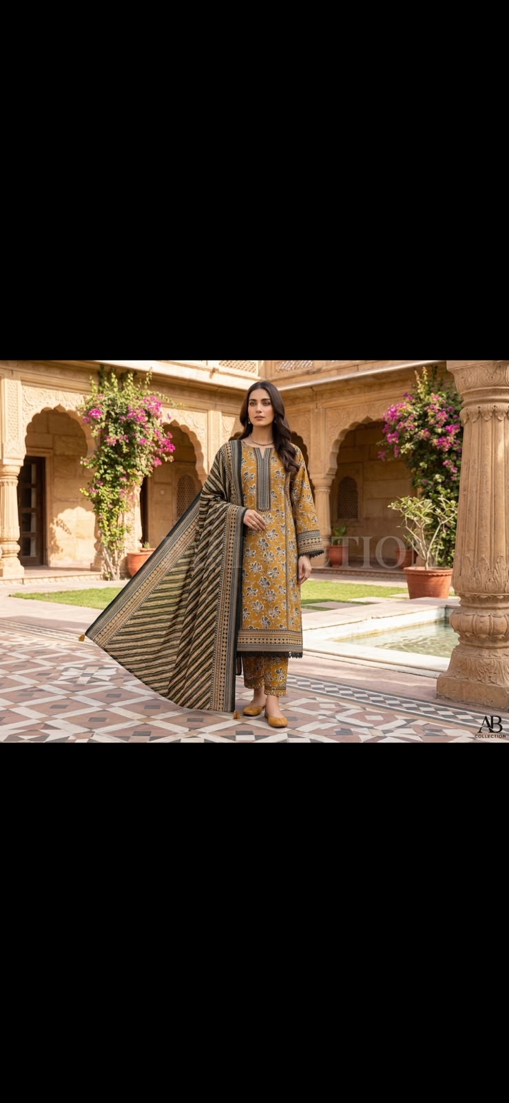 Printed Khaddar Long Shirt with Straight Trousers and Khaddar Shawl 3-Piece Winter Suit