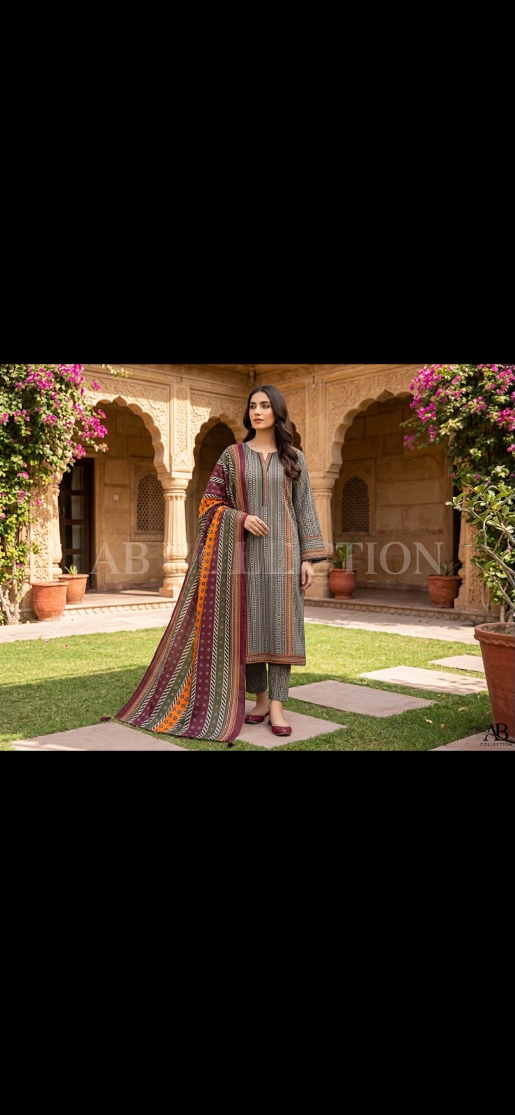 Printed Khaddar Long Shirt with Straight Trousers and Khaddar Shawl 3-Piece Winter Suit