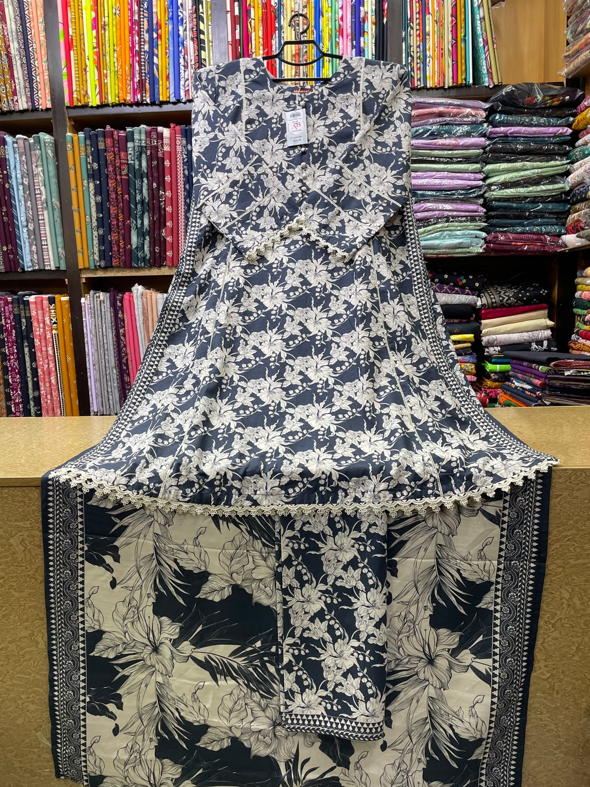 Printed Khaddar A-Line Long Shirt with Trousers and Khaddar Shawl 3-Piece Winter Suit