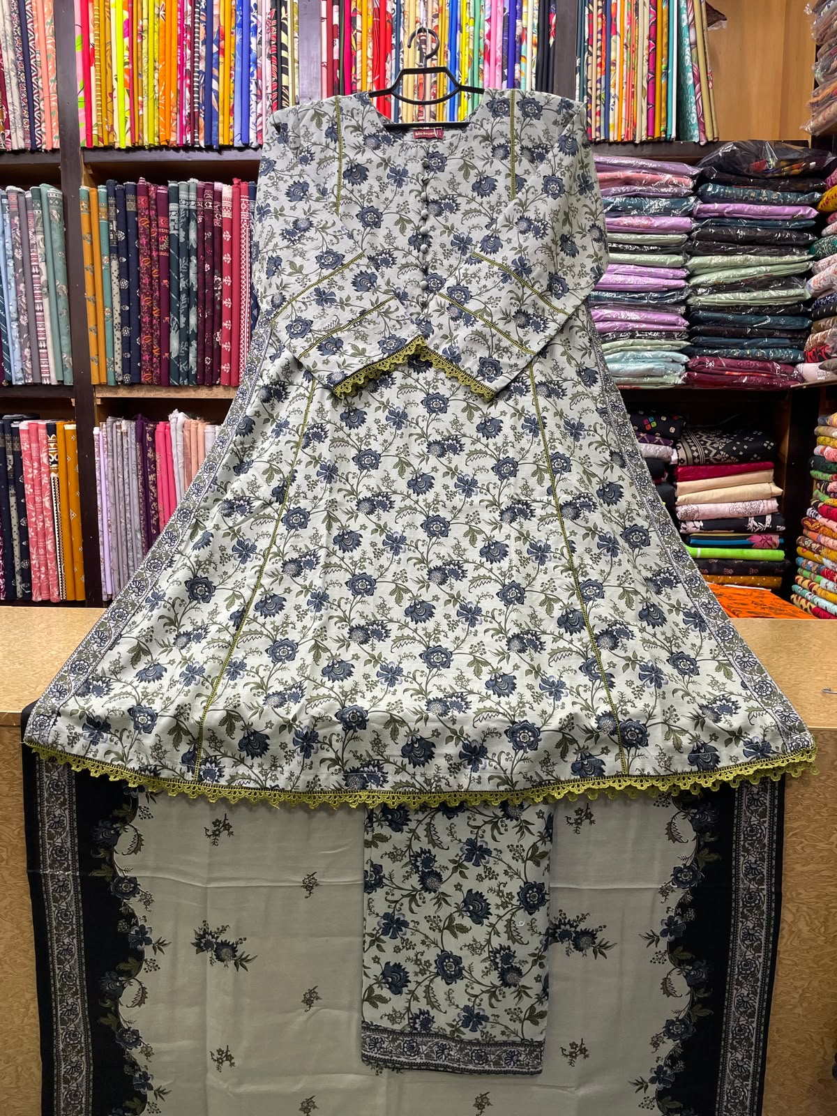 Printed Khaddar A-Line Long Shirt with Trousers and Khaddar Shawl 3-Piece Winter Suit