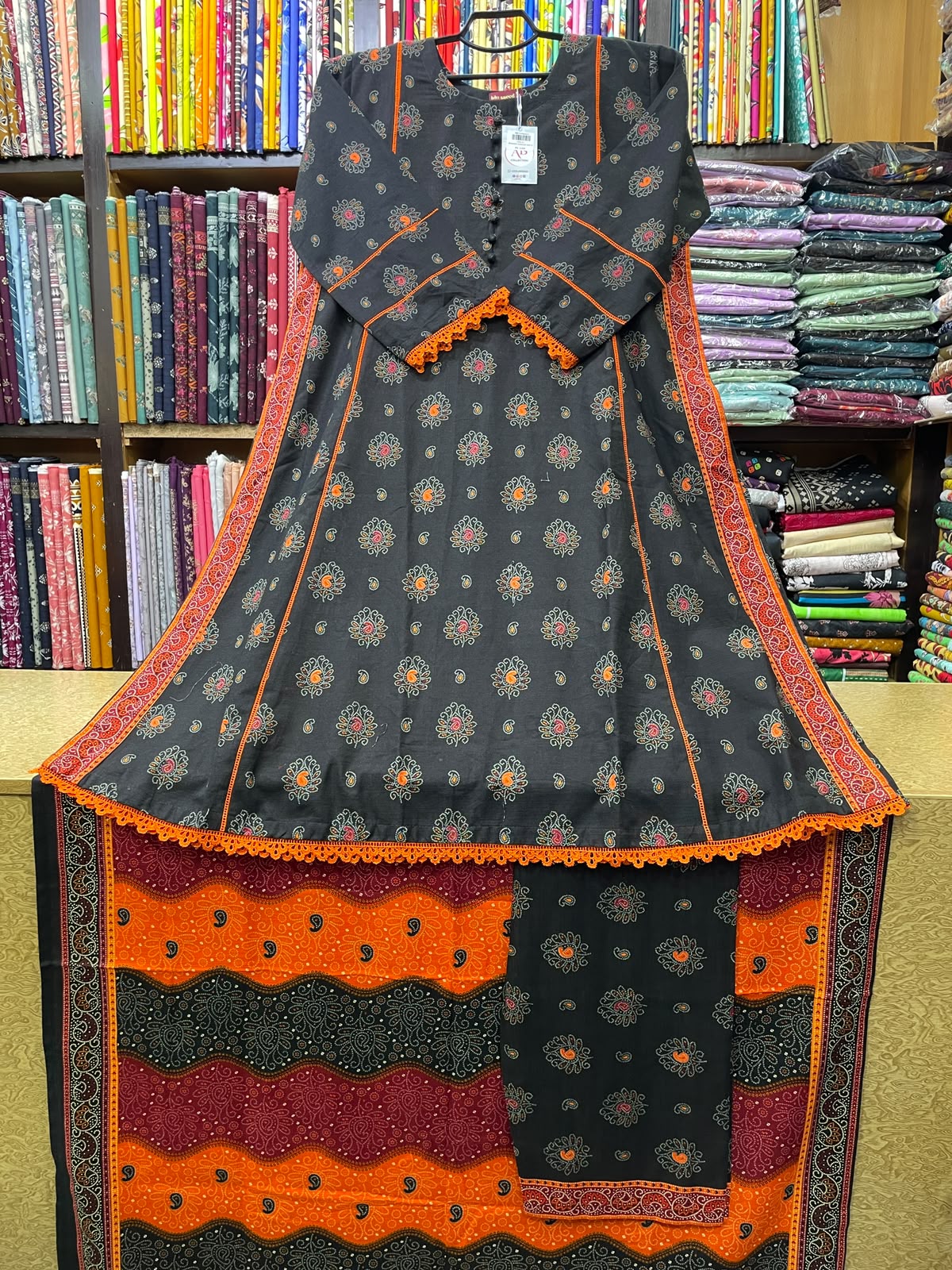 Printed Khaddar A-Line Long Shirt with Trousers and Khaddar Shawl 3-Piece Winter Suit