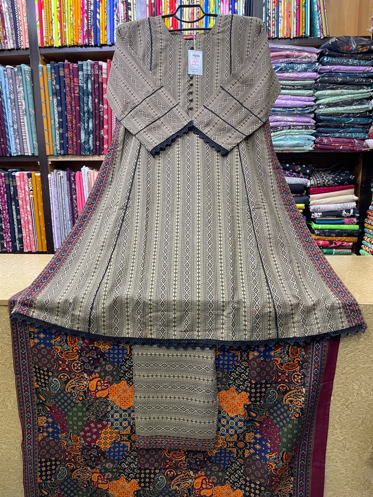 Printed Khaddar A-Line Long Shirt with Trousers and Khaddar Shawl 3-Piece Winter Suit