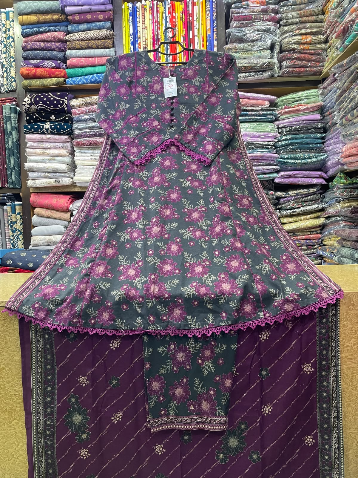 Bin Saeed Printed Khaddar A-Line Long Dress with Matching Trouser and Khaddar Shawl