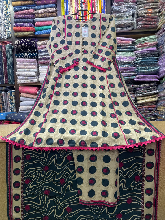 Bin Saeed Printed Khaddar A-Line Long Dress with Matching Polka Dot Trouser and Shawl