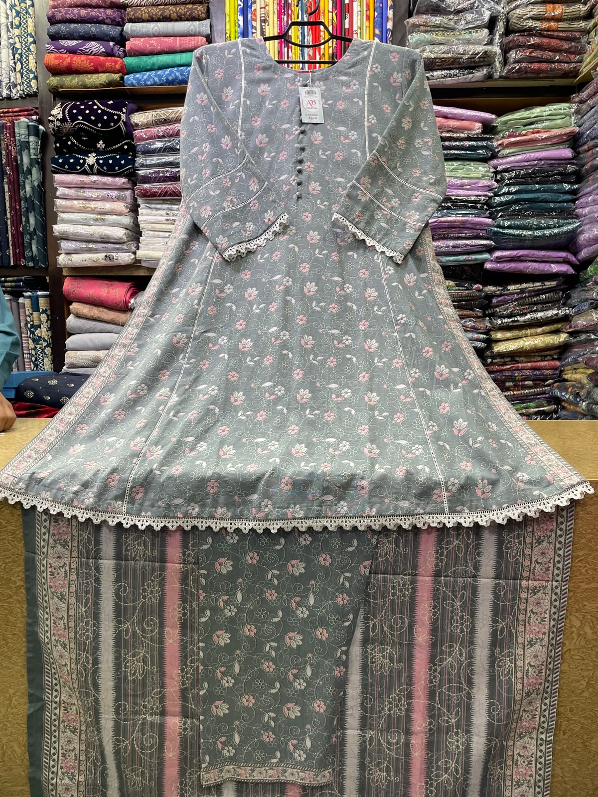 Bin Saeed Printed Khaddar A-Line Long Dress with Matching Trouser and Shawl