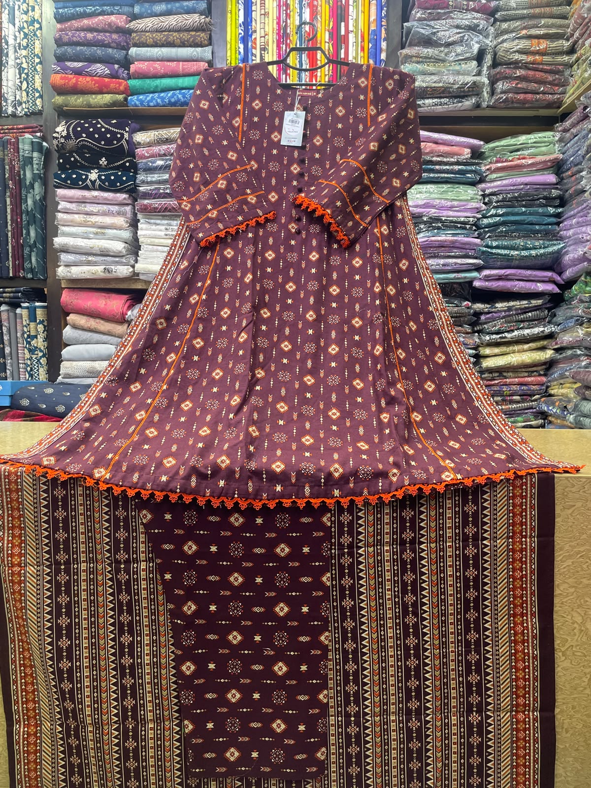 Bin Saeed Printed Khaddar A-Line Long Dress with Matching Trouser and Shawl