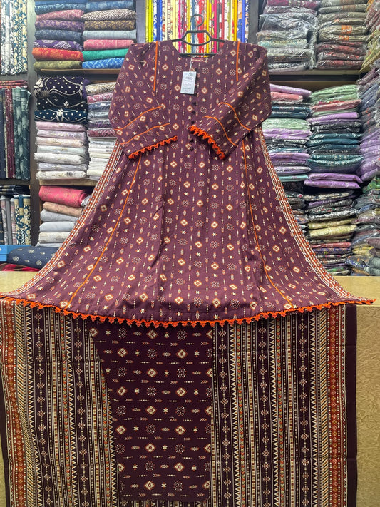 Bin Saeed Printed Khaddar A-Line Long Dress with Matching Trouser and Shawl