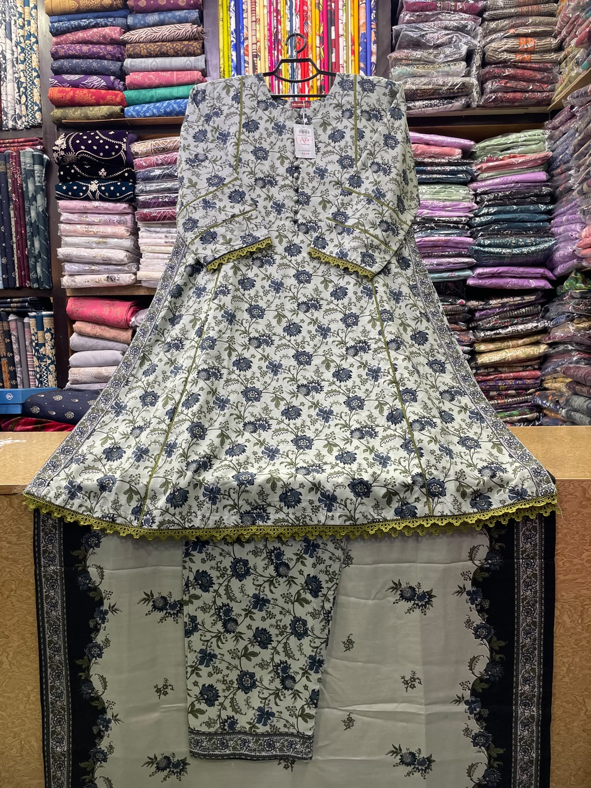 Bin Saeed Printed Khaddar A-Line Long Dress with Matching Trouser and Shawl