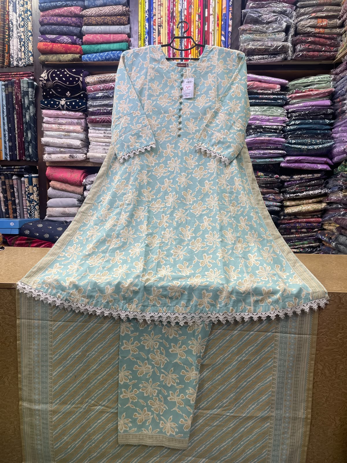 Bin Saeed Printed Khaddar A-Line Long Dress with Matching Trouser and Shawl