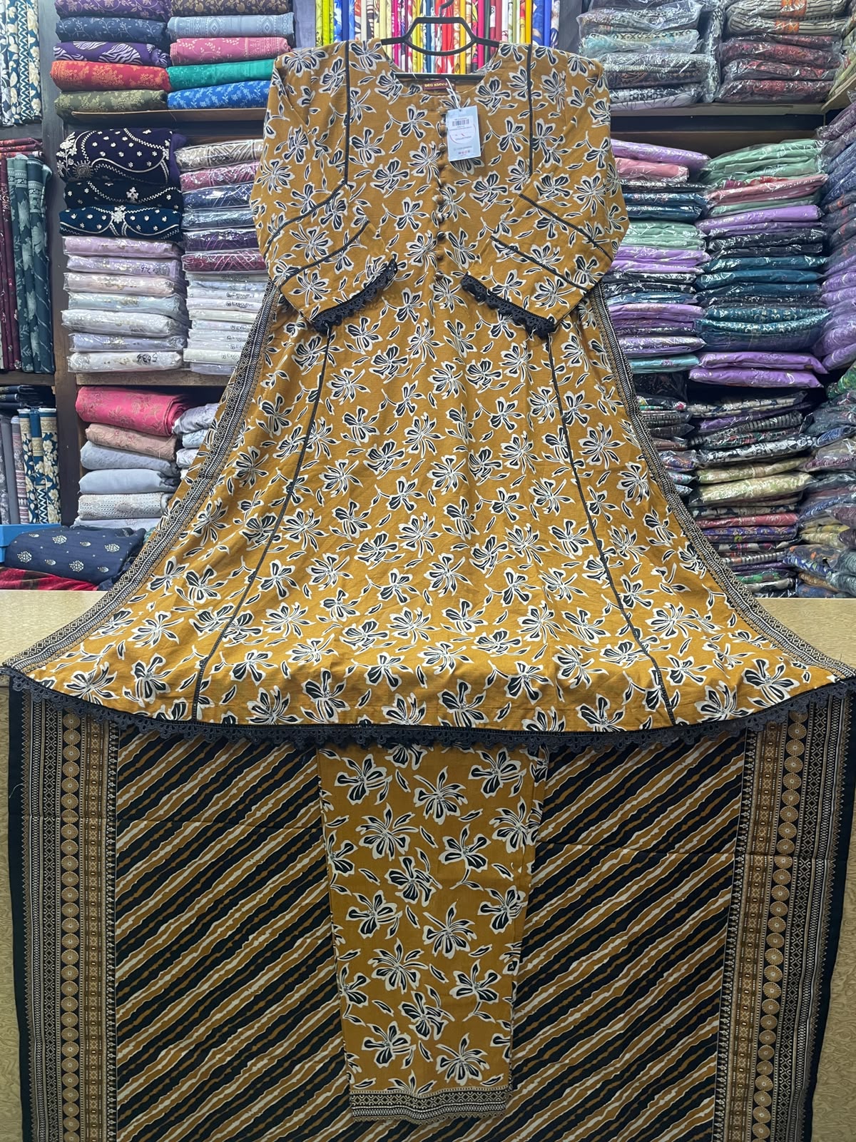 Bin Saeed Printed Khaddar A-Line Long Dress with Matching Trouser and Shawl