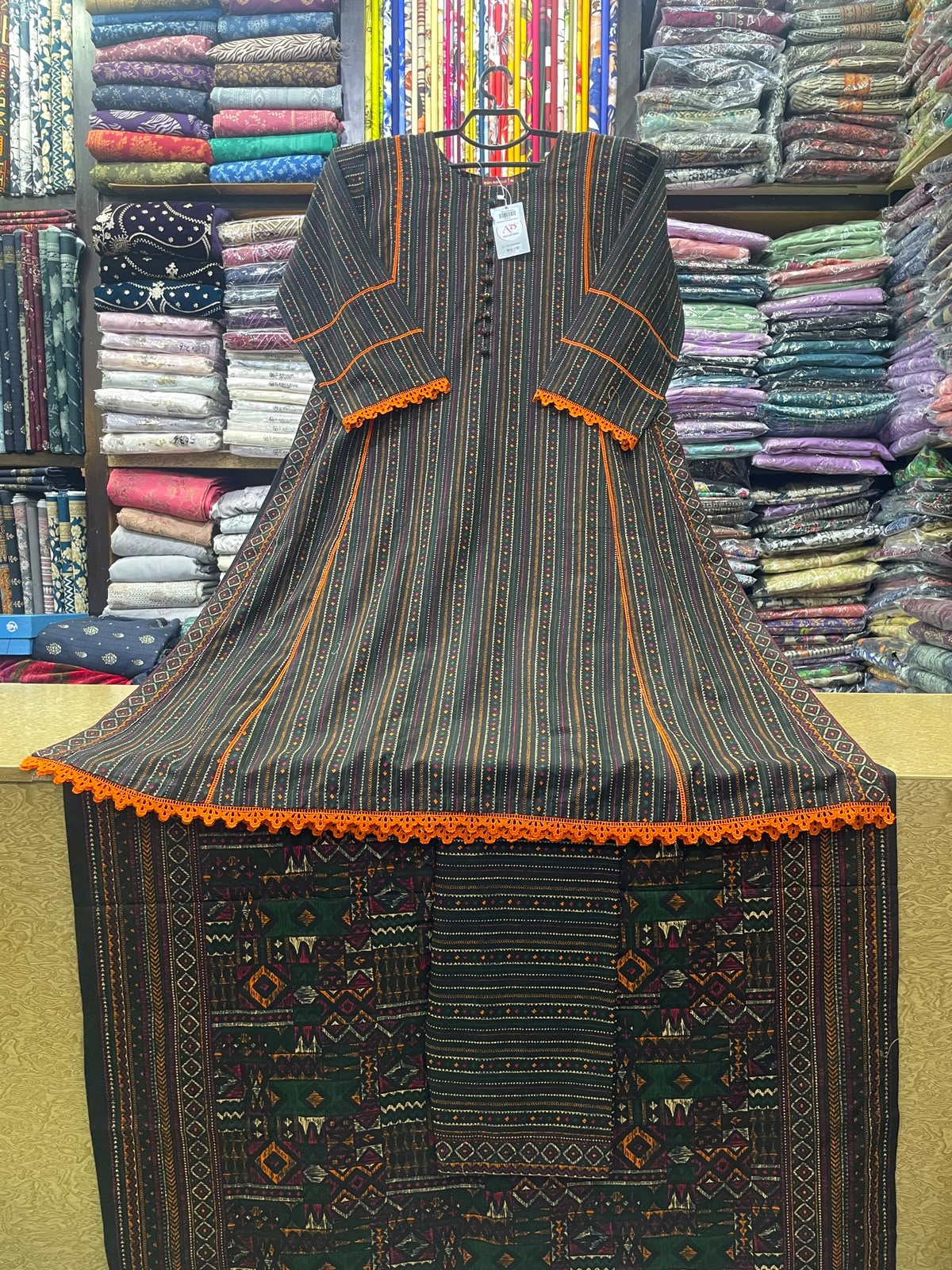 Bin Saeed Printed Khaddar A-Line Long Dress with Matching Trouser and Shawl