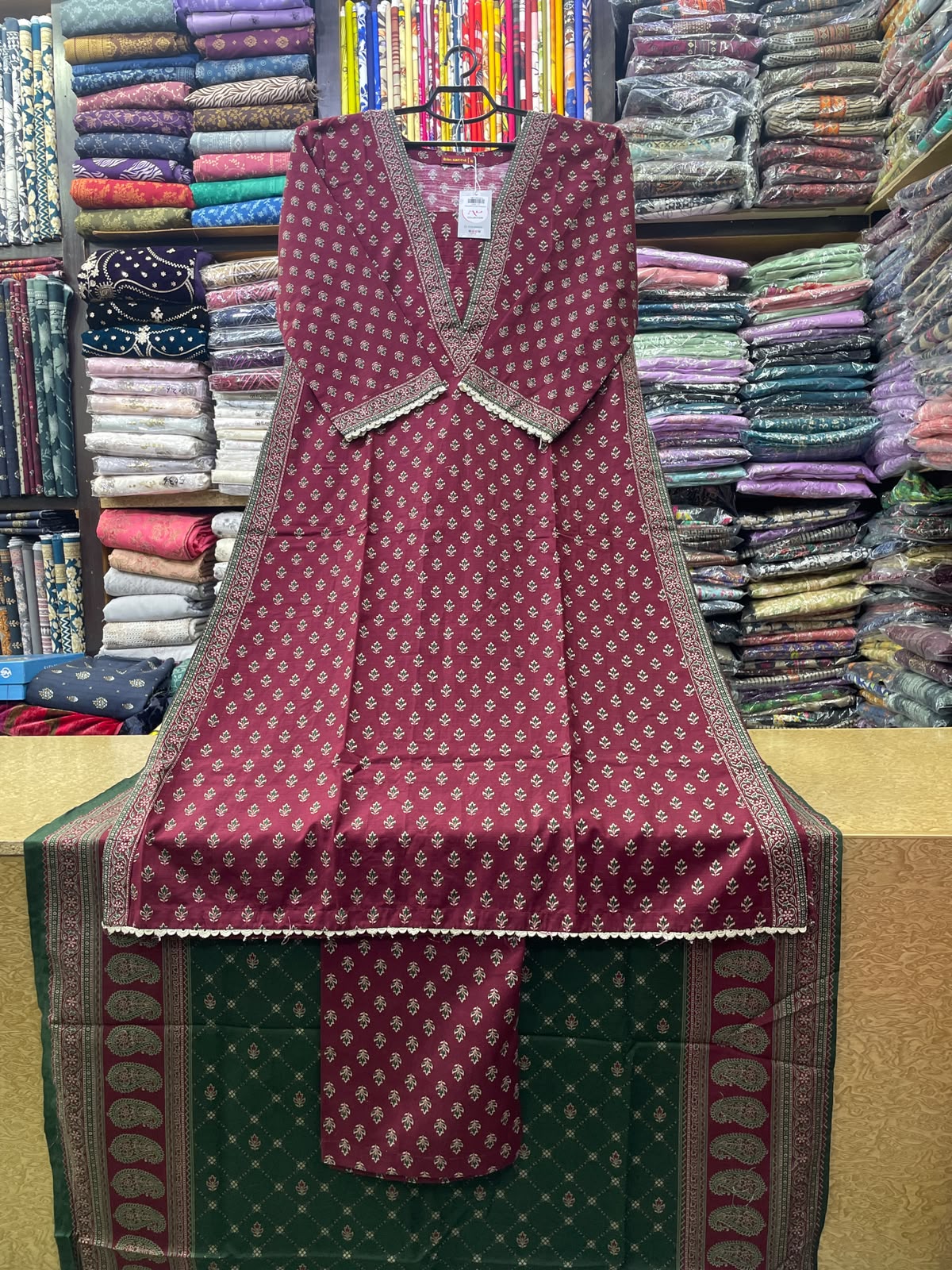 Bin Saeed Printed Khaddar A-Line V-Neck Long Dress with Loose Flare, Matching Trouser and Shawl