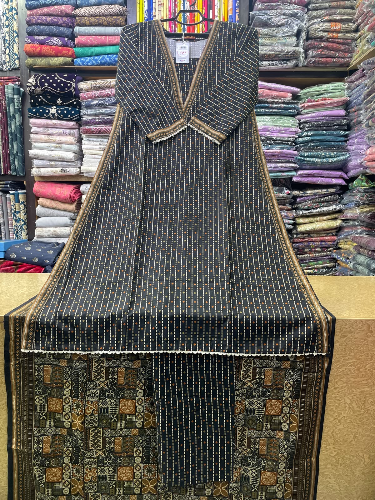Bin Saeed Printed Khaddar A-Line V-Neck Long Dress with Loose Flare, Matching Trouser and Shawl