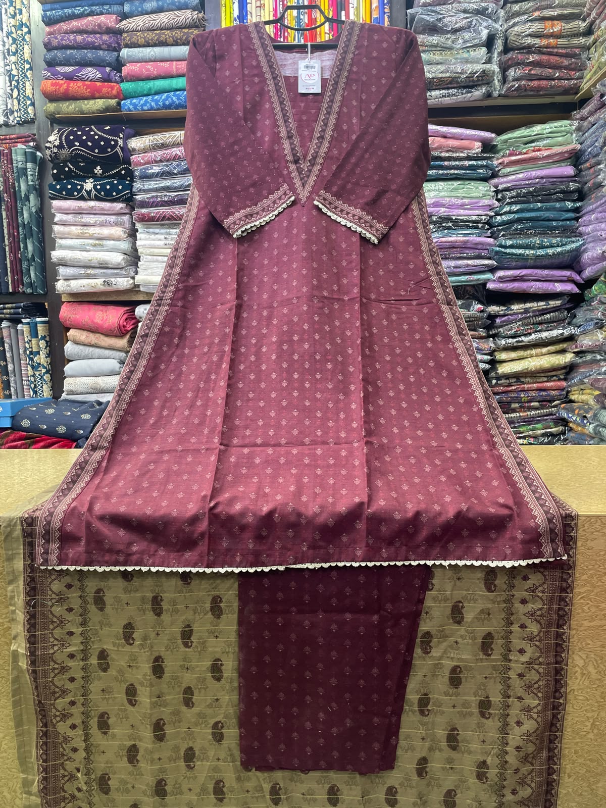 Bin Saeed Printed Khaddar A-Line V-Neck Long Dress with Loose Flare, Matching Trouser and Shawl