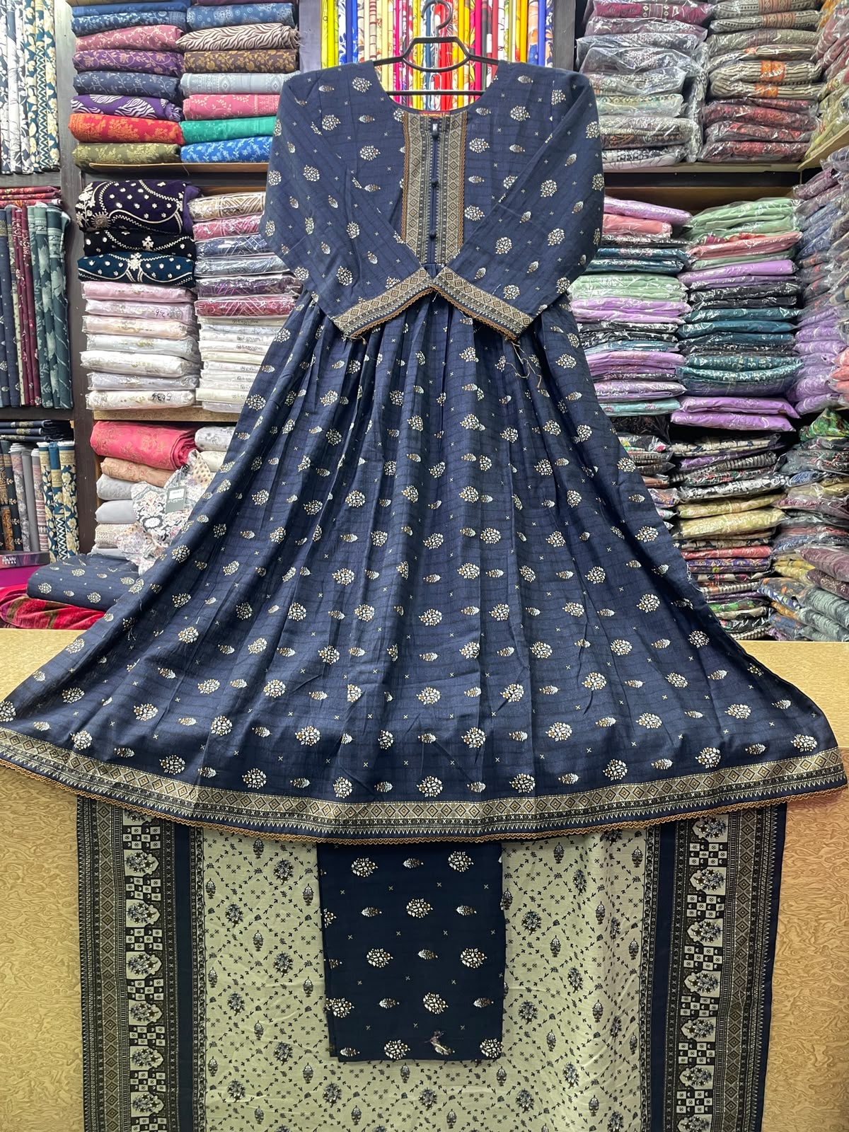 Bin Saeed Navy Blue Printed Khaddar 50-Inch Long Frock Style Suit with Khaddar Shawl and Same Printed Trouser