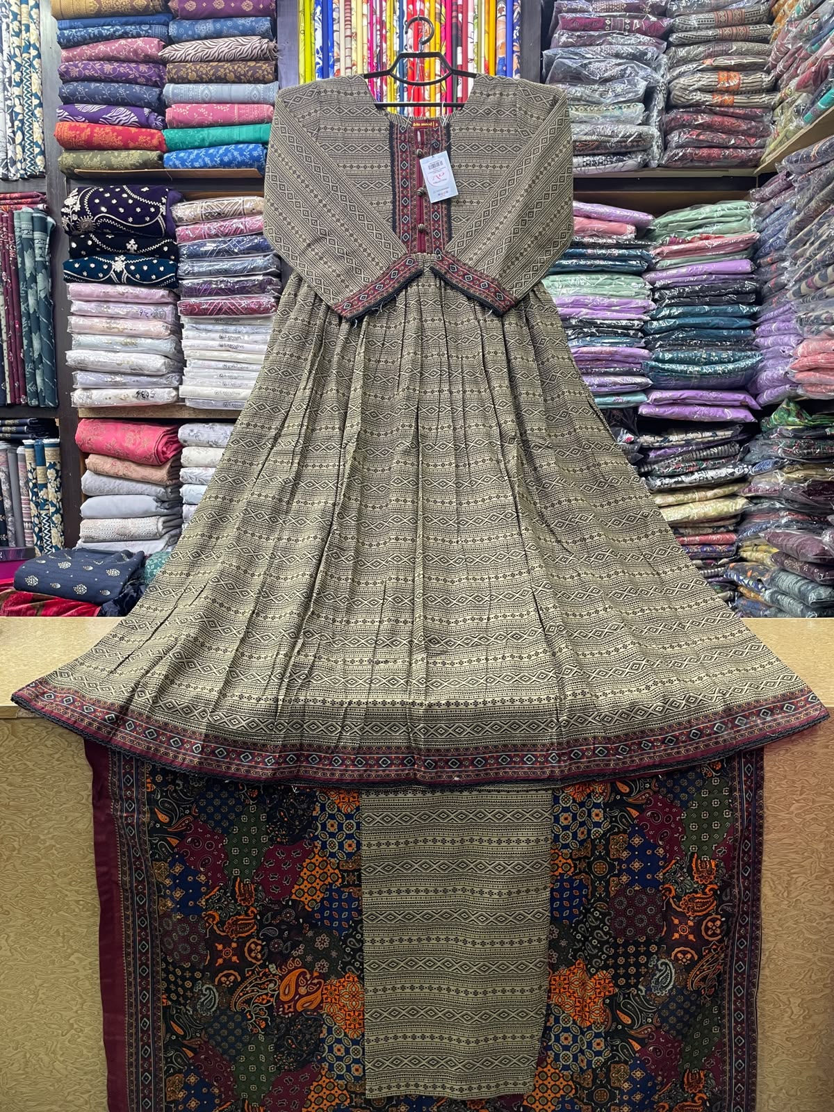 Bin Saeed Printed Khaddar 50-Inch Long Frock Style Suit with Khaddar Shawl and Same Printed Trouser