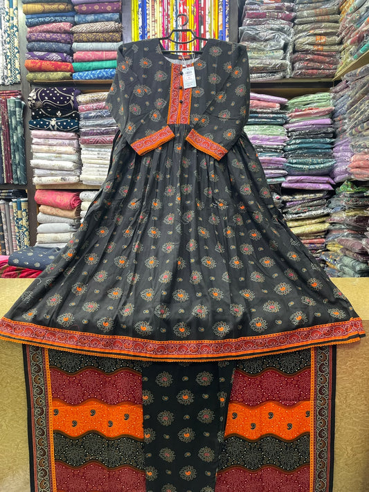 Bin Saeed Winter Printed Khaddar 3-Piece Frock Style Suit with Orange Accents and Matching Shawl