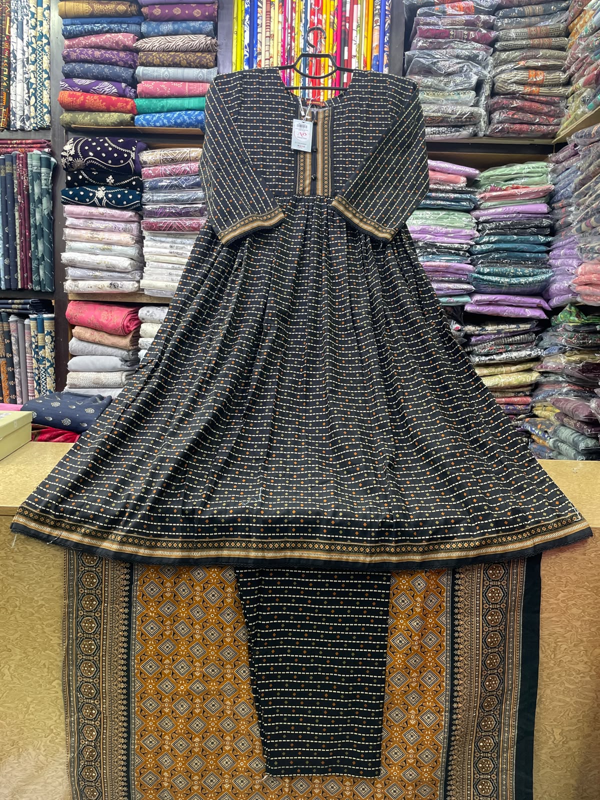Bin Saeed Printed Khaddar 3-Piece Long Frock Suit with Dupatta & Trouser