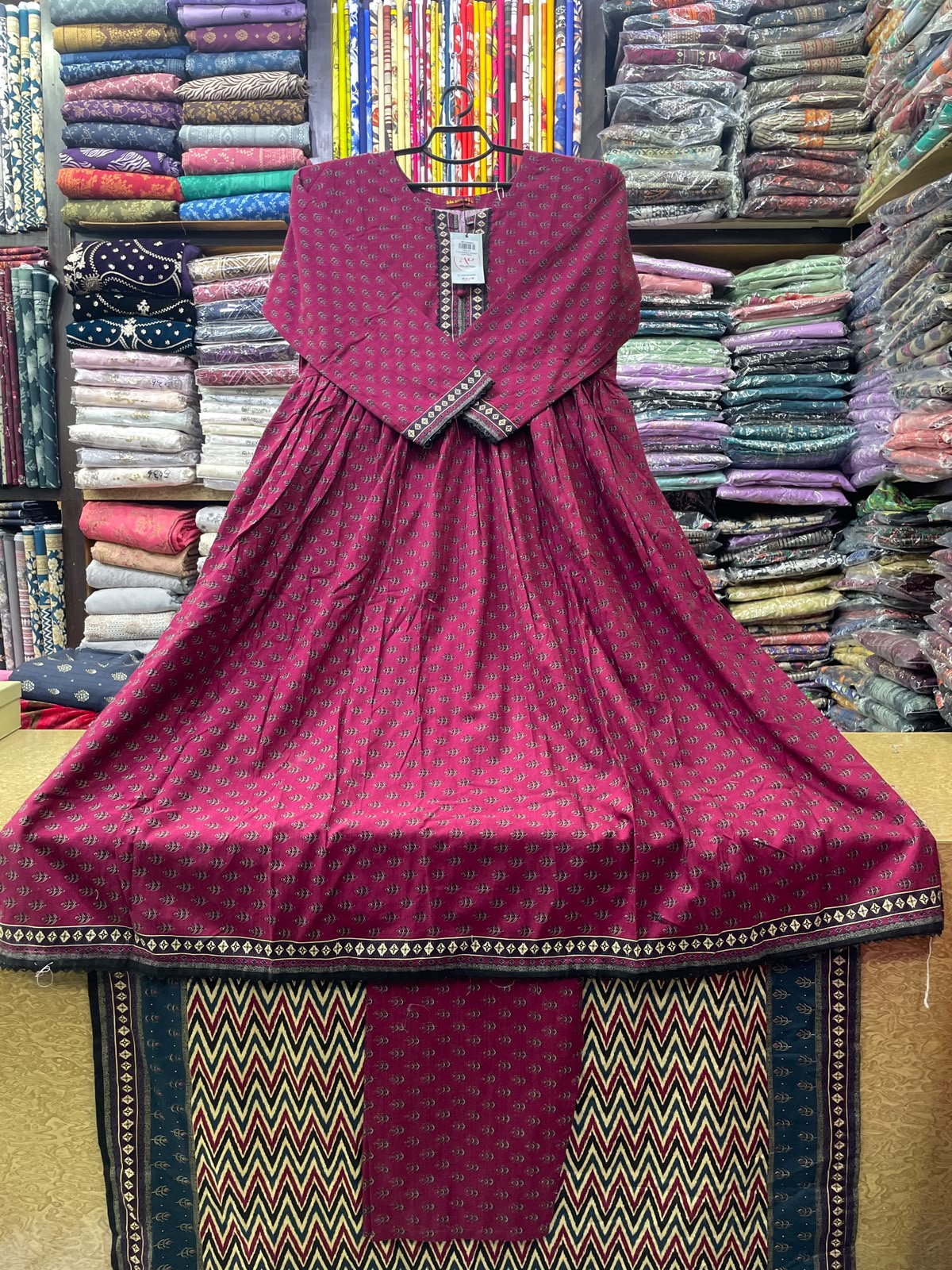 Bin Saeed Deep Plum Printed Khaddar 3-Piece Long Frock Suit with Dupatta