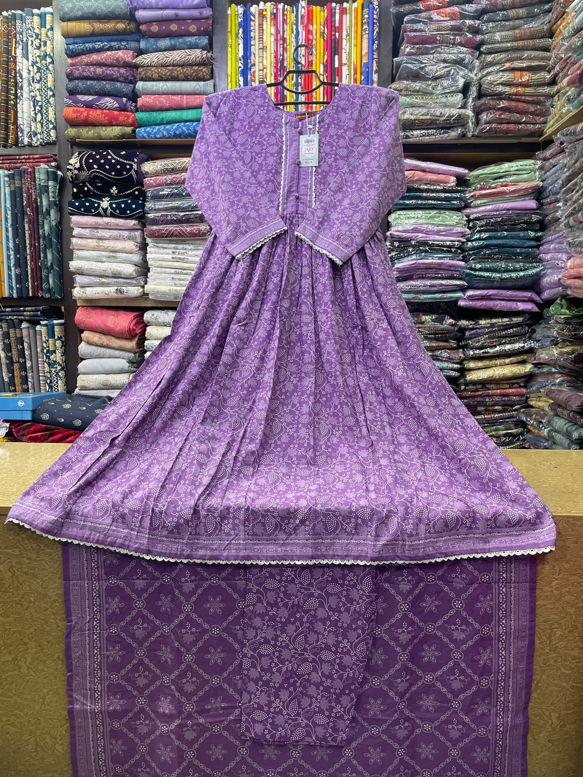 Bin Saeed Lilac Floral Printed Khaddar 3-Piece Long Frock Suit with Dupatta