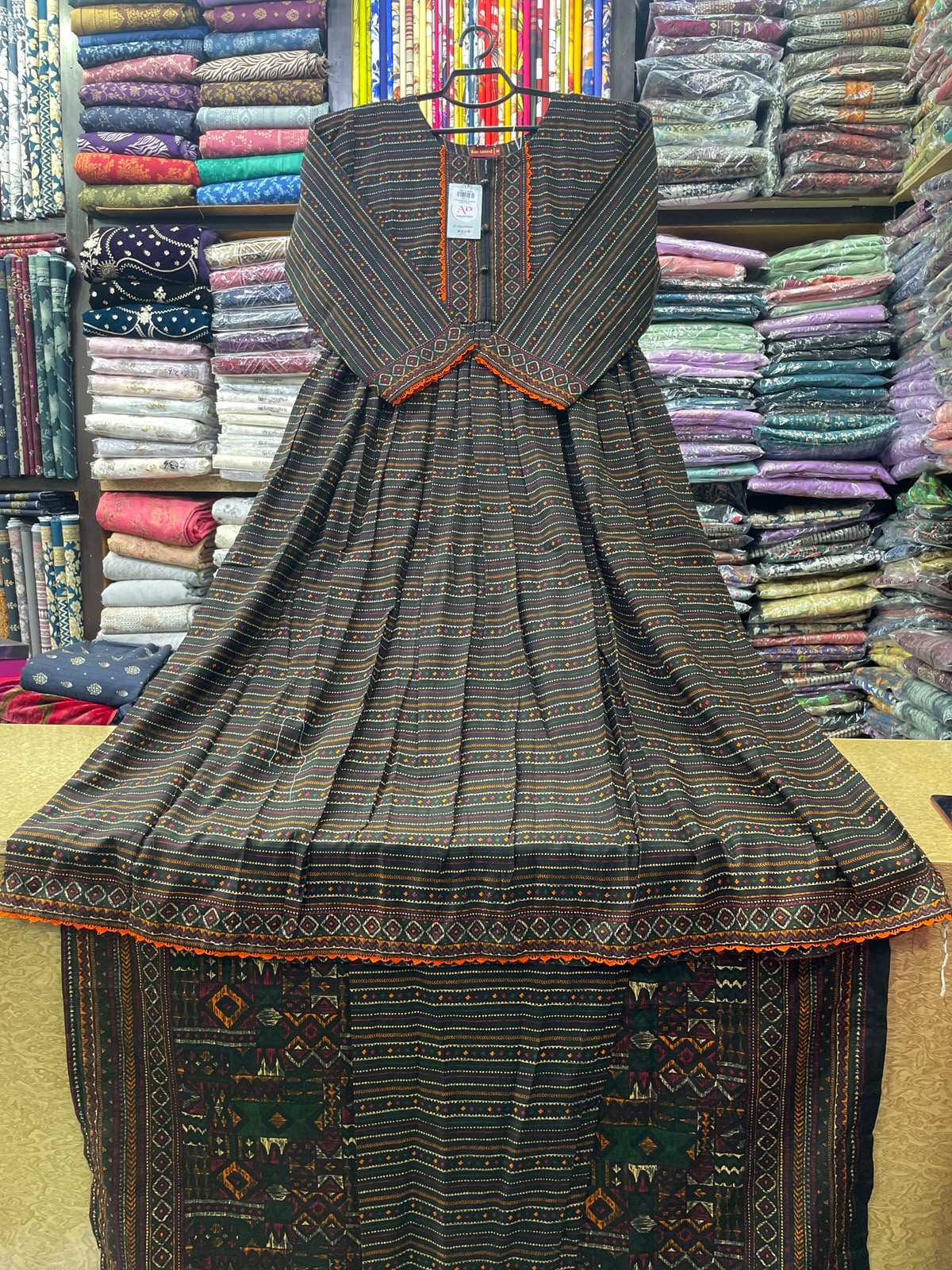 Bin Saeed Charcoal Printed Khaddar 3-Piece Long Frock Suit with Dupatta