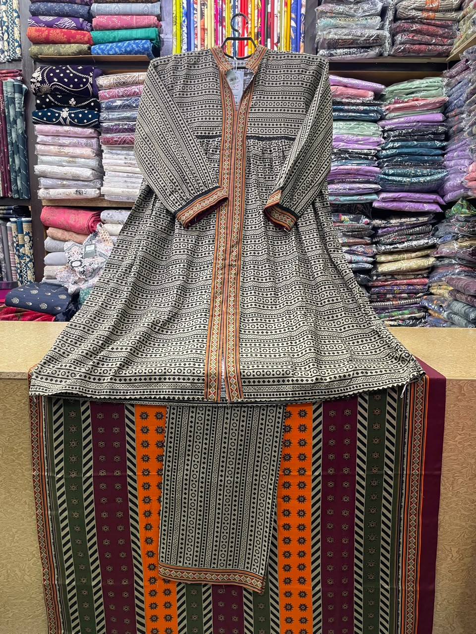 Bin Saeed Printed Khaddar Long Frock with Trouser and Matching Dupatta