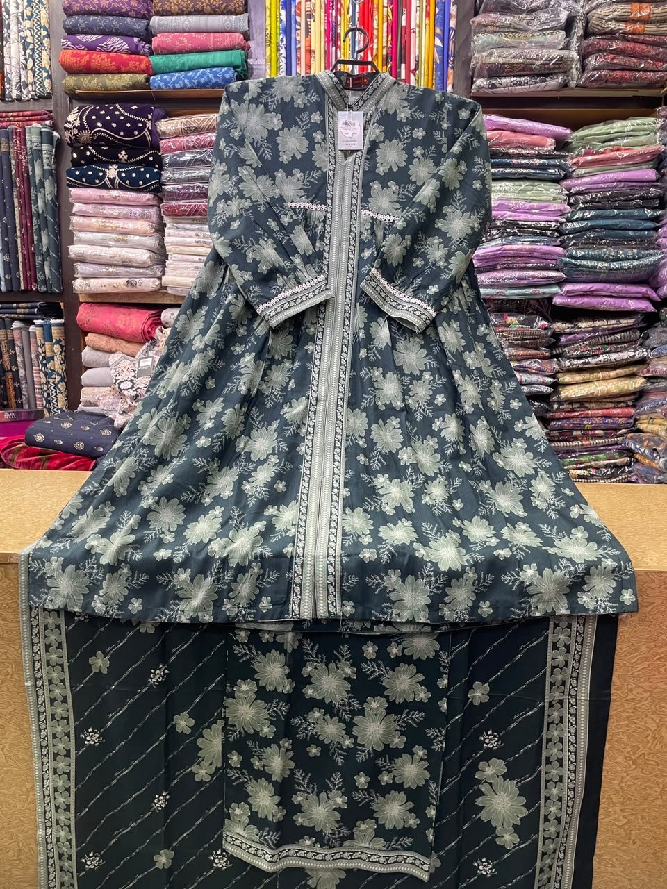 Bin Saeed Floral Printed Khaddar Long Frock Suit with Matching Trouser and Dupatta