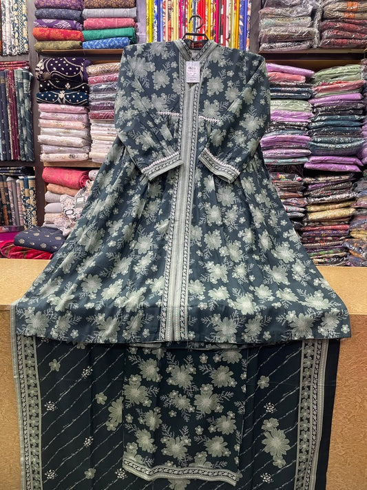 Bin Saeed Floral Printed Khaddar Long Frock Suit with Matching Trouser and Dupatta