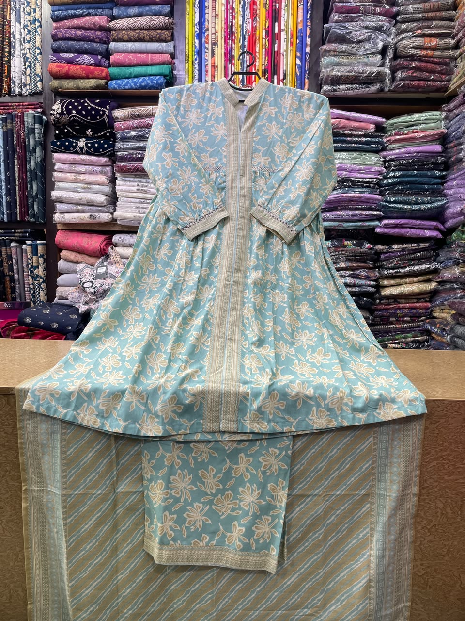 Bin Saeed Pastel Blue Floral Printed Khaddar Long Frock Suit with Trouser and Dupatta